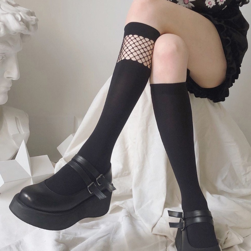 Vớ dài tới gối có tùy chọn may phối lưới cá không đều màu đen phong cách gothic Lolita Nhật Bản dễ thương cho bạn nữ | BigBuy360 - bigbuy360.vn