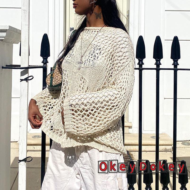 Okdk-áo Thun Dệt Kim Cỡ Lớn Khoét Rỗng Xuyên Thấu Phong Cách Harajuku Grunge Retro Cho Nữ