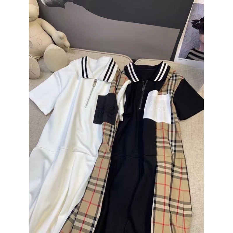 Váy ngắn tay Burberry BBR hàng cao cấp kẻ sọc có cổ có khóa kéo siêu xinh