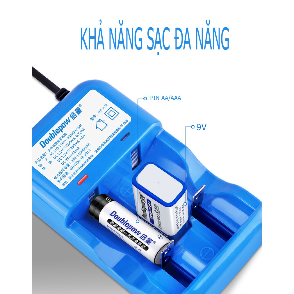 Combo Bộ sạc pin DP-K32 AA/AAA/C/D đa năng thông minh tự ngắt và 02 viên pin đại (size D) 5500mAh chính hãng Doublepow