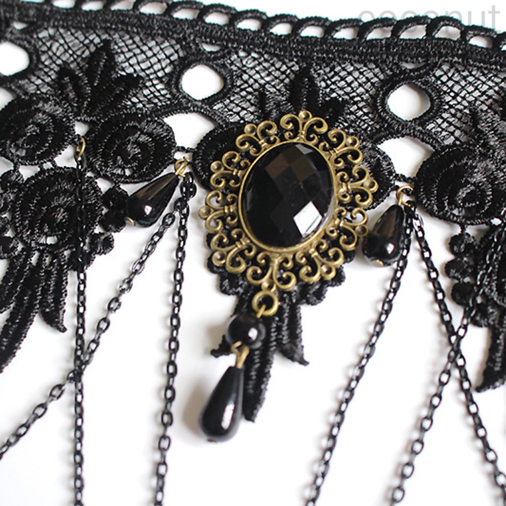 Vòng cổ choker bằng kim loại màu đen phối ren hoa tua rua thời trang cho nữ