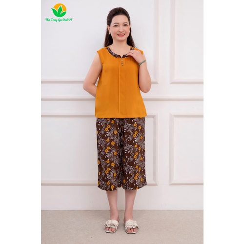 Bộ mặc nhà trung niên mùa hè Việt Thắng, quần lửng, áo sát nách, chất lanh - B05.2207