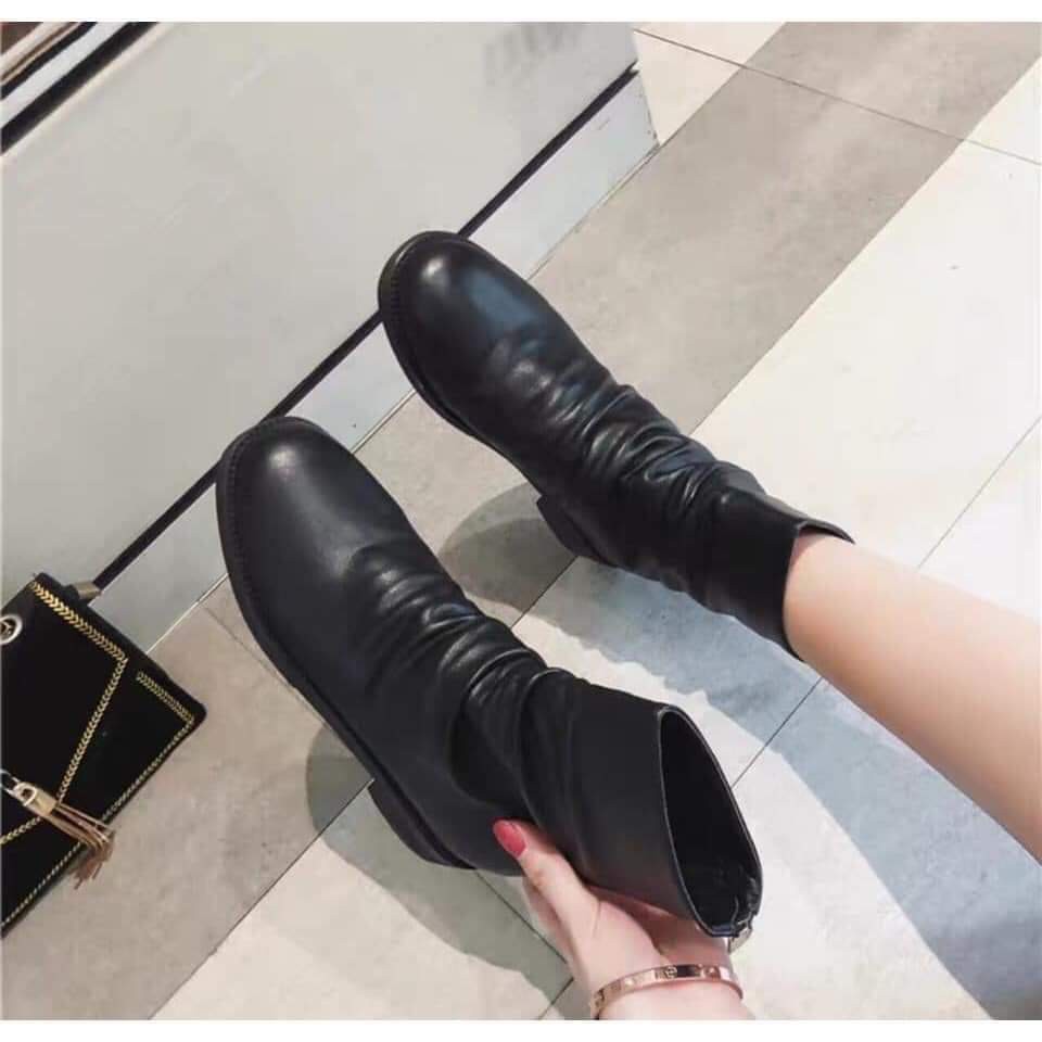 FREE SHIP Bốt nữ , boot nhăn cổ lửng sang chảnh