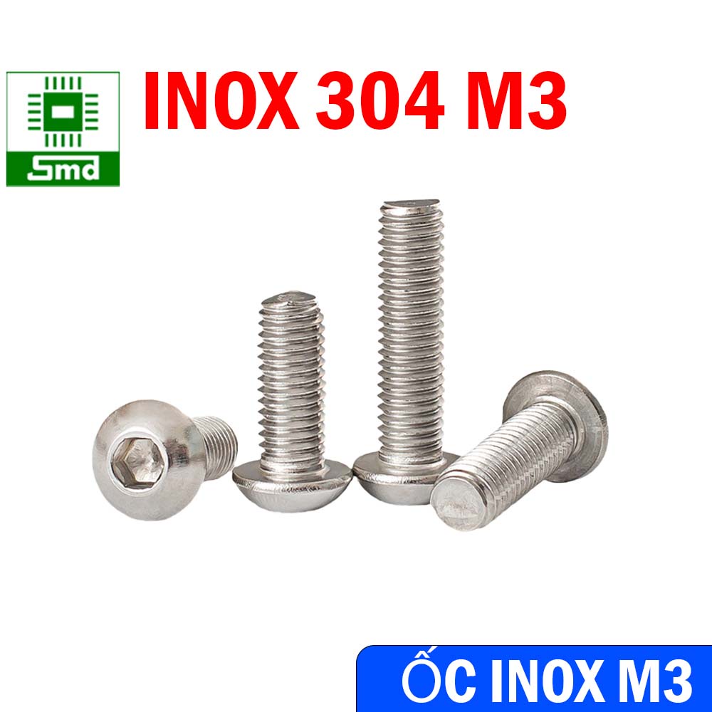 Bulong inox chìm cầu size 3, ốc lục giác chìm đầu bi ốc đầu dù lục giác M3 không gỉ, inox 304 các loại dài 6 8 12 22 mm