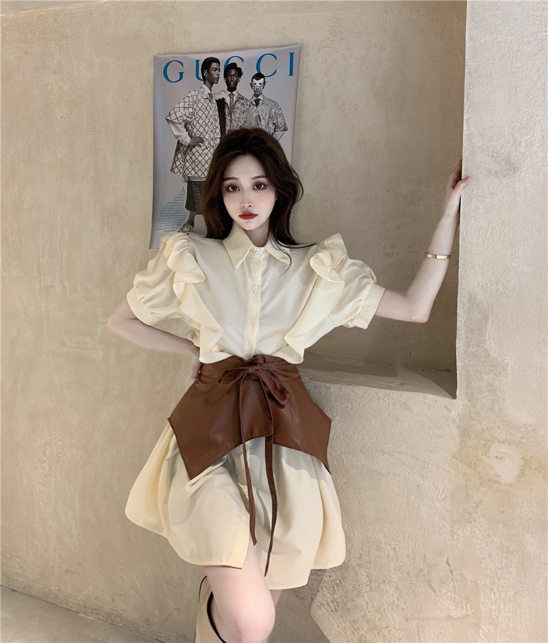 Váy sơ mi ngắn tay cao cấp phong cách cổ điển kèm thắt lưng da (Hàng Quảng Châu Có Sẵn) | BigBuy360 - bigbuy360.vn