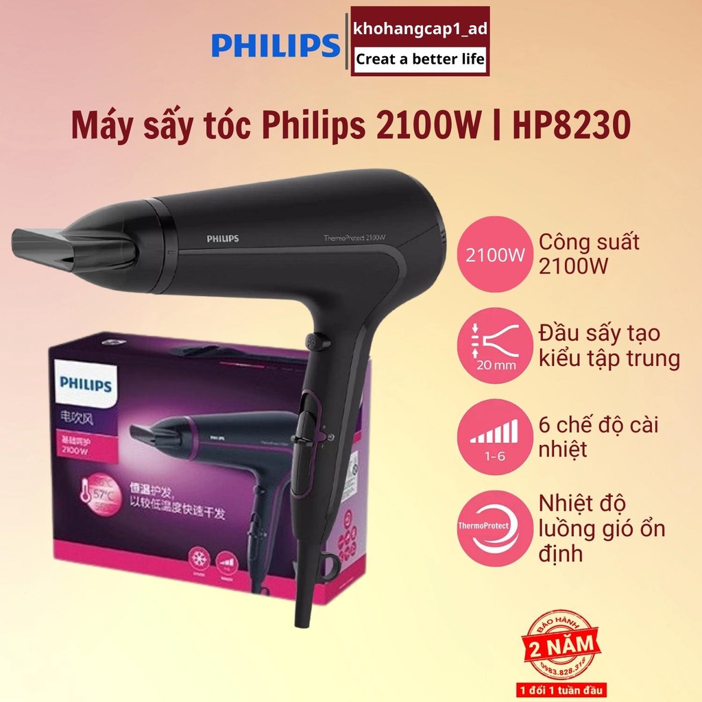 Máy sấy tóc Philips 2 chiều nóng lạnh công suất lớn 2100W tạo kiểu tóc chuyên nghiệp chuẩn salon HP8230 - BH 2 năm