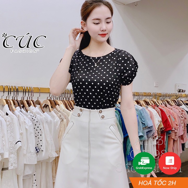 Áo sơ mi nữ cao cấp công sở Cúc Fashion A183 áo somi chấm bi cổ trơn