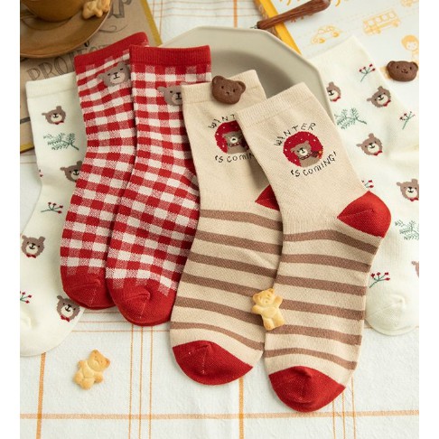 Tất nữ cổ cao CARAMELLA, vớ nữ cao cấp 3 đôi chủ đề Gấu Đỏ kèm túi zip xinh xắn 517623