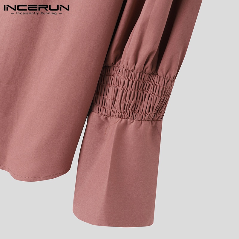 Áo sơ mi nam INCERUN tay dài phồng dáng rộng cài nút màu trơn thời trang vintage