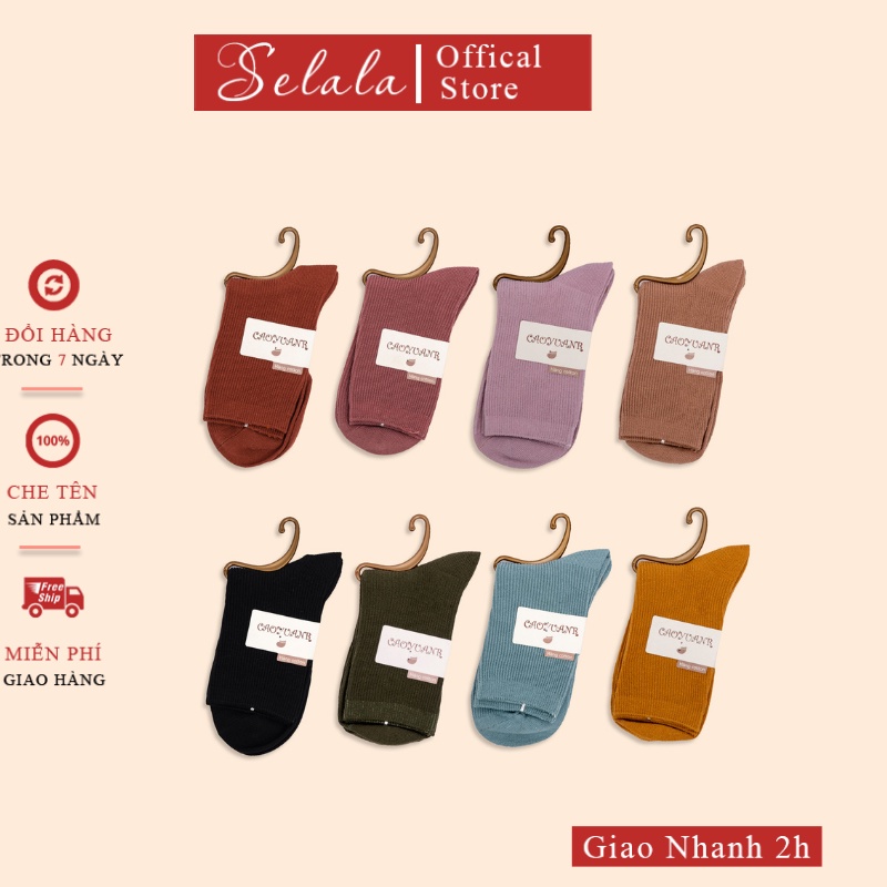 Tất Chân Nam Nữ Selala Gân Tăm Cổ Cao Cotton Vintage TC07
