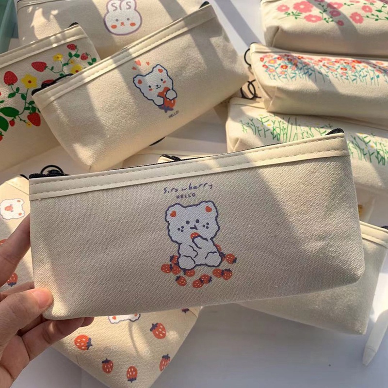 Túi Đựng Bút Canvas Họa Tiết Hoa / Gấu / Thỏ Dễ Thương Có Khóa Kéo Tiện Dụng Cho Học Sinh / Văn