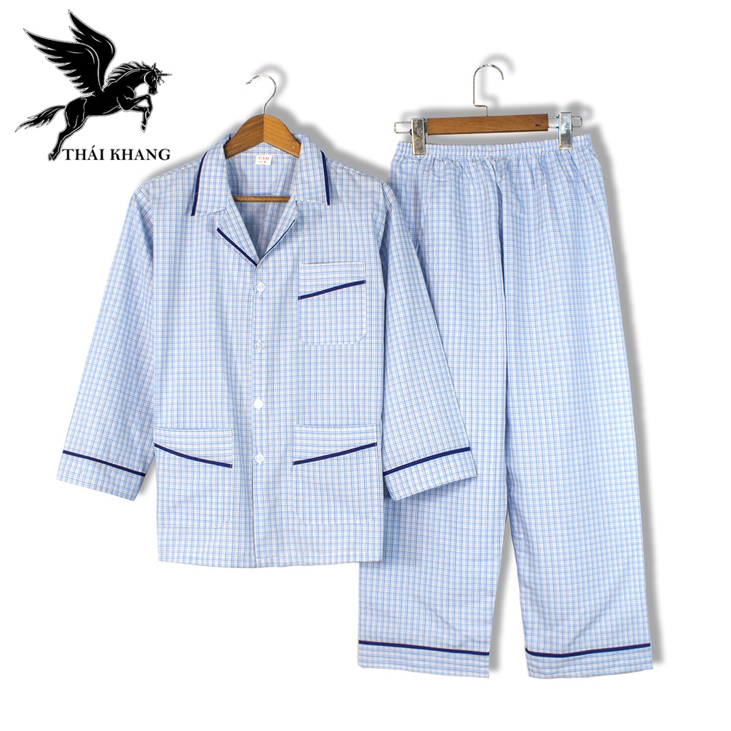 Bộ pijama nam dài tay trung niên vảo cotton mặc mát thoải mái cho người già loại bộ đồ trung niên mặc nhà loại caro