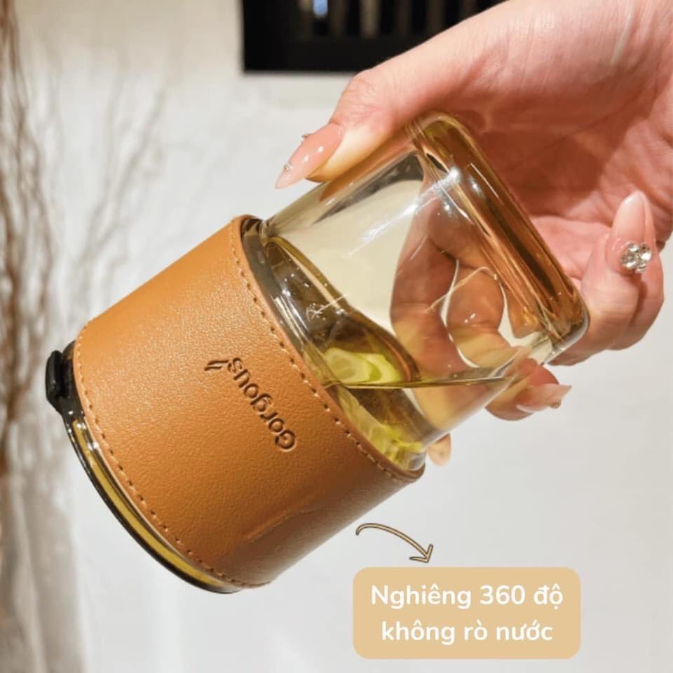 [ Hàng Loại 1 ] Cốc Thủy Tinh Bọc Da Sang Trọng 450ML - TẶNG Kèm Ống Hút Và Nắp Chống Tràn