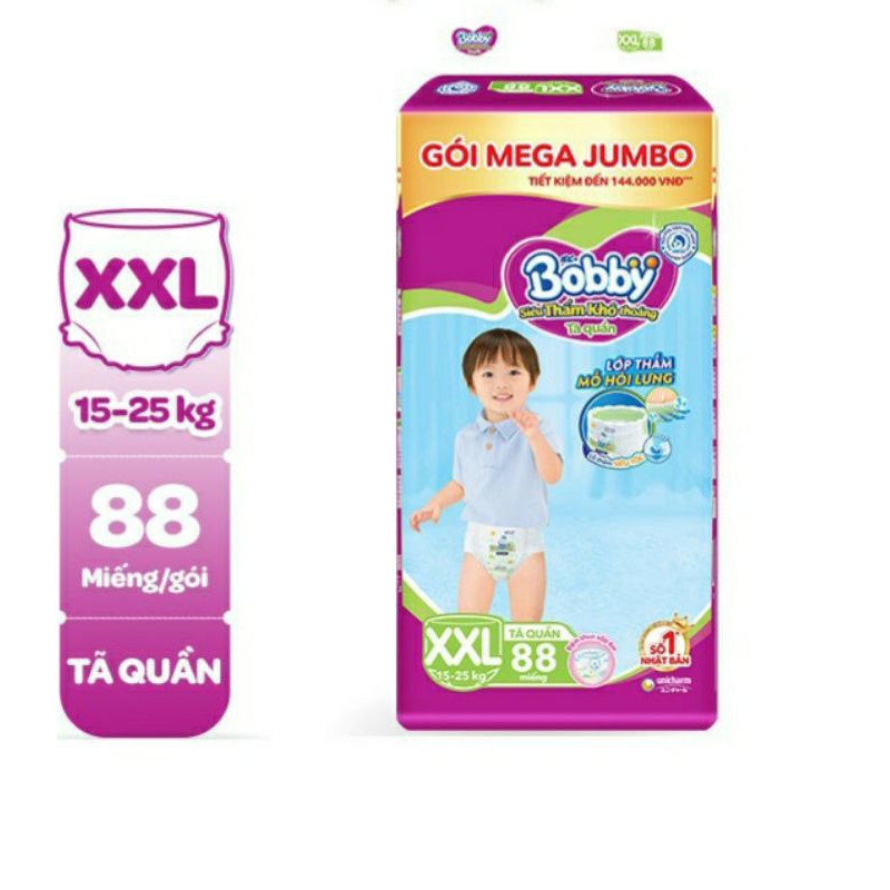 Tã quần bobby gói Mega Jumbo M124/L108/XL96/XXL88/M120/L104