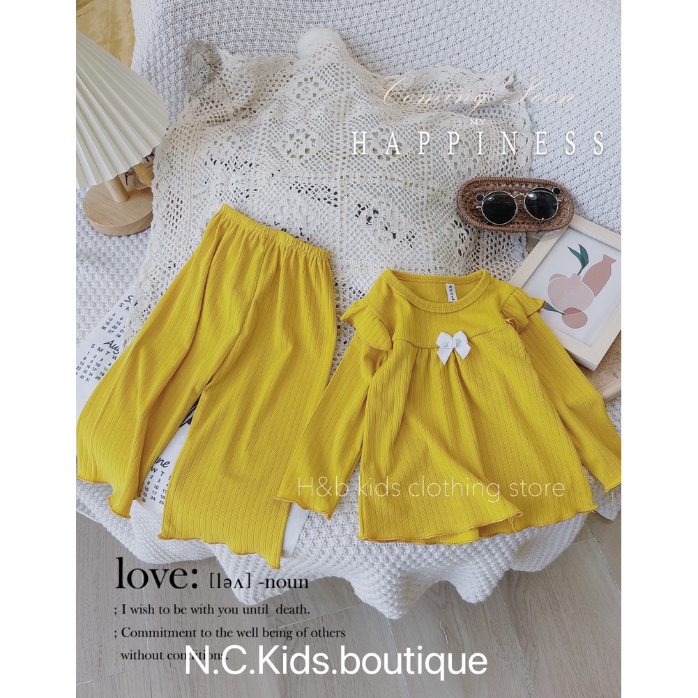 Bộ dài tay len tăm bé gái, bộ tăm đũa Quảng châu bèo vai ống rộng dáng xòe xinh xắn cho bé