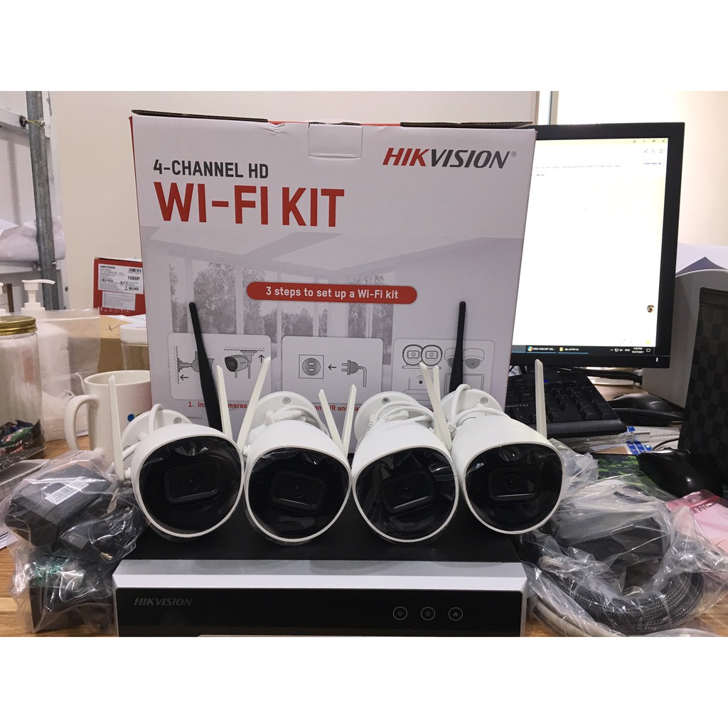 Bộ kit 4 Camera wifi và 1 đầu ghi IP thân trụ 2MP HIKVISION NK42W0H(D), không dây, có mic  (chính hãng Hikvision VN)