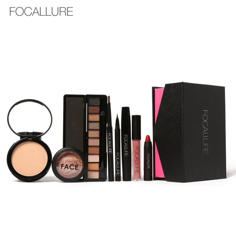 Bộ trang điểm FOCALLURE 8 món cơ bản tiện dụng Son môi Kẻ mắt dạng lỏng mascara Bóng mắt chì kẻ mày Bột màu tự nhiên Son bóng mờ Má hồng Hộp trang điểm