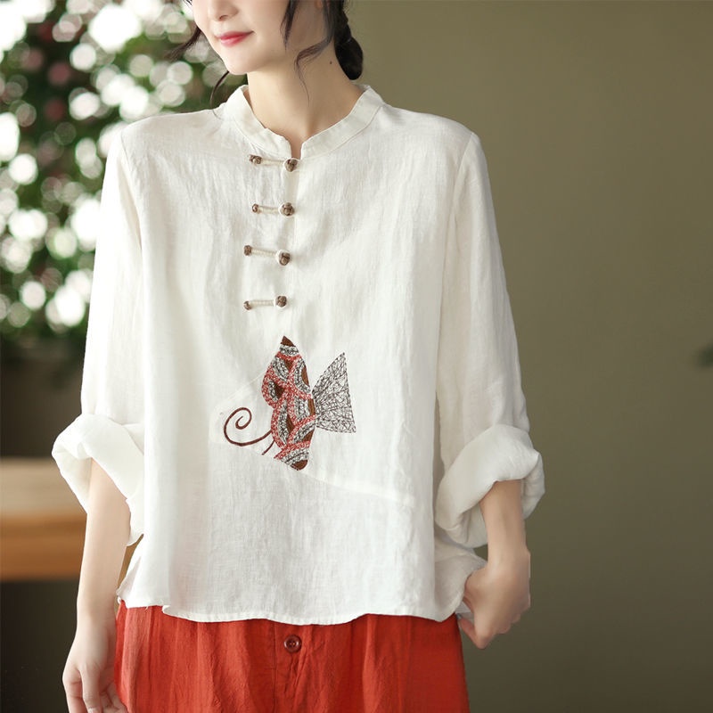 Áo Sơ Mi cotton Lanh Dáng Rộng Cài Khuy Thêu Họa Tiết Dân Tộc Phong Cách Mới 2022 size m-3xl Thời Trang Xuân Hè Dành Cho Bạn Nữ