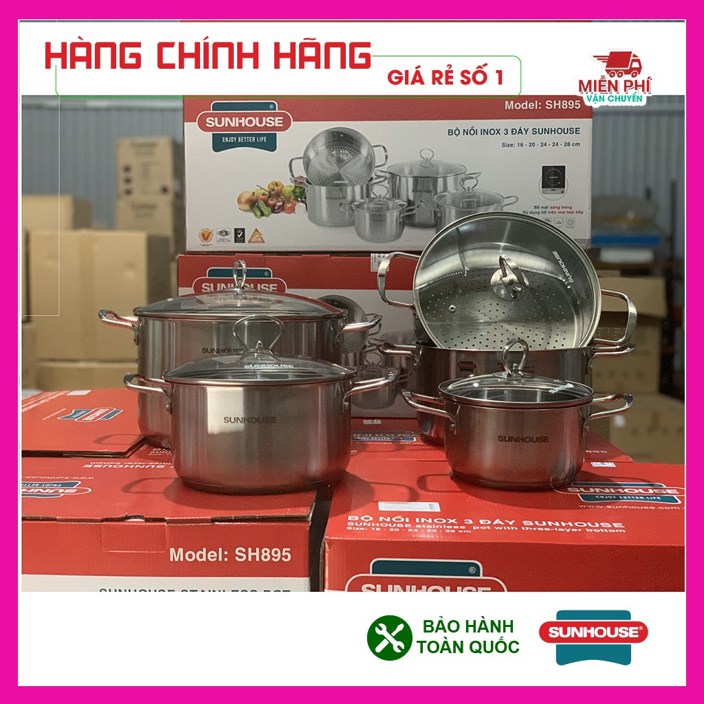 Bộ nồi inox 4 nồi + xửng hấp 3 đáy Sunhouse SH895, bộ nồi Sunhouse dùng cho bếp từ, siêu to khổng lồ