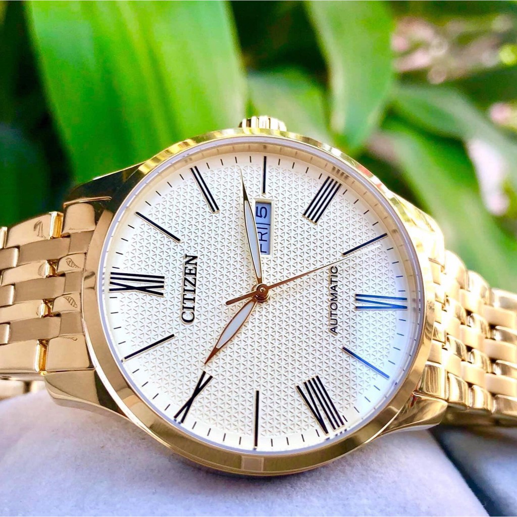 Đồng hồ Nam chính hãng Citizen Automatic NH8352-53P Vàng,Mặt vàng,Lịch-Máy cơ tự động-Dây kim loại cao cấp-Size 40mm