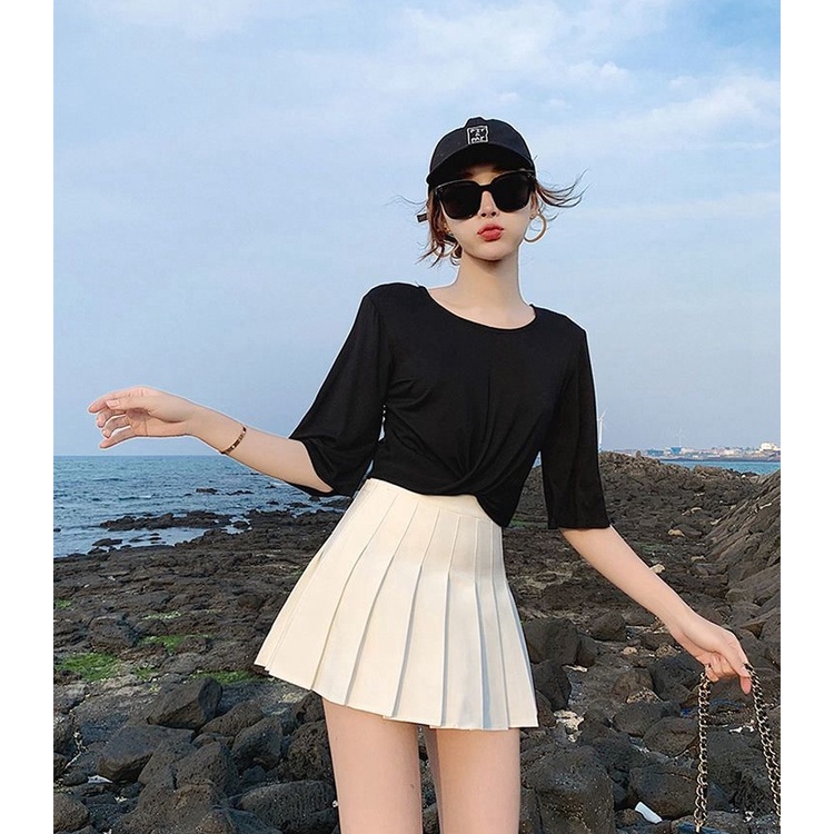 Chân Váy Chữ A Xếp Ly Lưng Cao Màu Trơn Phong Cách Nhật Bản Mới Cho Nữ