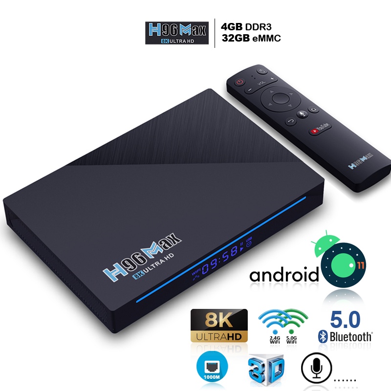 Tv box 8K android 11.0 Bluetooth 5.0 remote điều khiển bằng giọng nói bảo hành 12 tháng H96MAX 8K android tv box