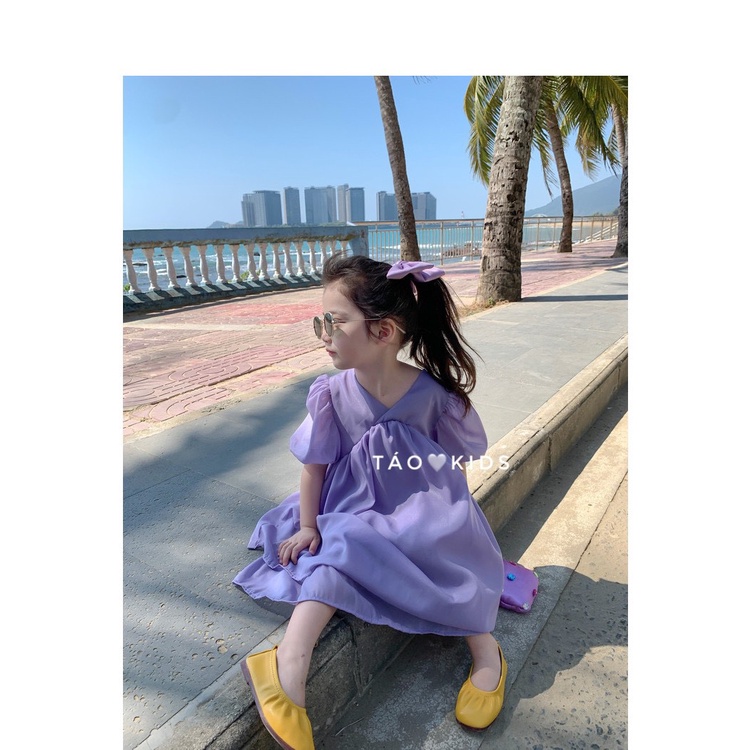 Váy tím bé gái, đầm đẹp cho bé cổ v tay phồng chất voan tơ siêu mềm size 8-25kg
