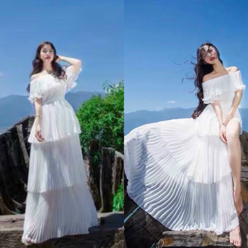 Maxi lụa trắng dập ly mút ngực hở/trễ/bẹt vai xẻ đùi, đầm váy dài bèo tầng thời trang nữ đi chơi/biển du lịch sang trọng
