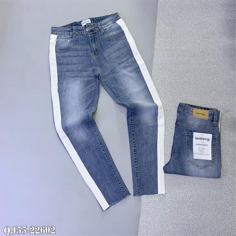 Quần Jean Trơn Phối Sọc Trắng 2 Bên - Quần Bò Dài Ống Côn Gấu Cắt Cực Chất