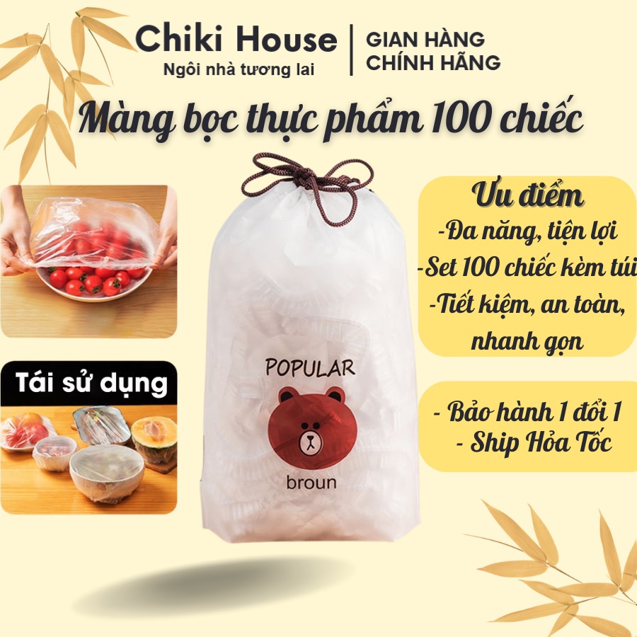Màng Bọc Thực Phẩm Có Chun Tái Sử Dụng set 100 cái - túi bọc thực phẩm hình gấu đa năng - Chiki house