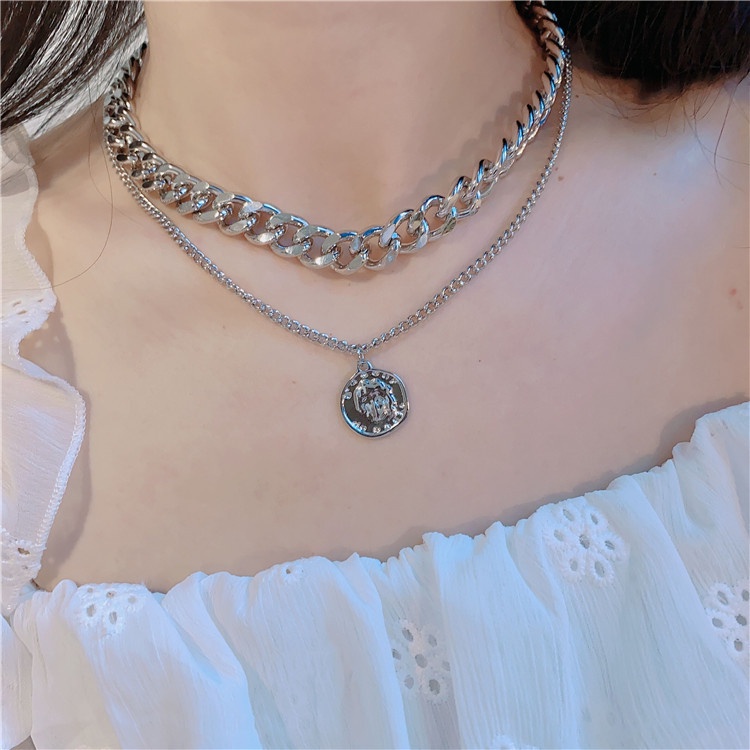 Dây chuyền 19306 hai lớp mặt chân dung bằng kim loại phong cách hip-hop cổ điển