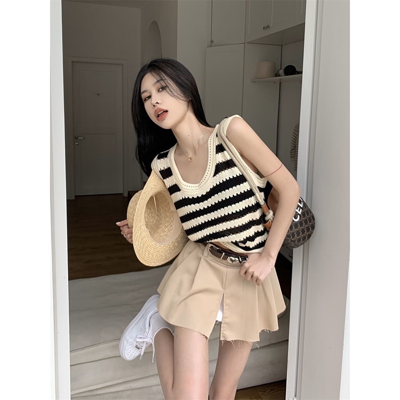 Áo Hai Dây Dệt Kim Dáng Rộng Họa Tiết Kẻ Sọc Phong Cách Hàn Quốc Cho Nữ