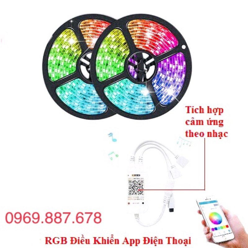 Led dây đổi màu bằng áp điện thoại cuộn 5m, led dây nháy theo nhạc có remote điều khiển