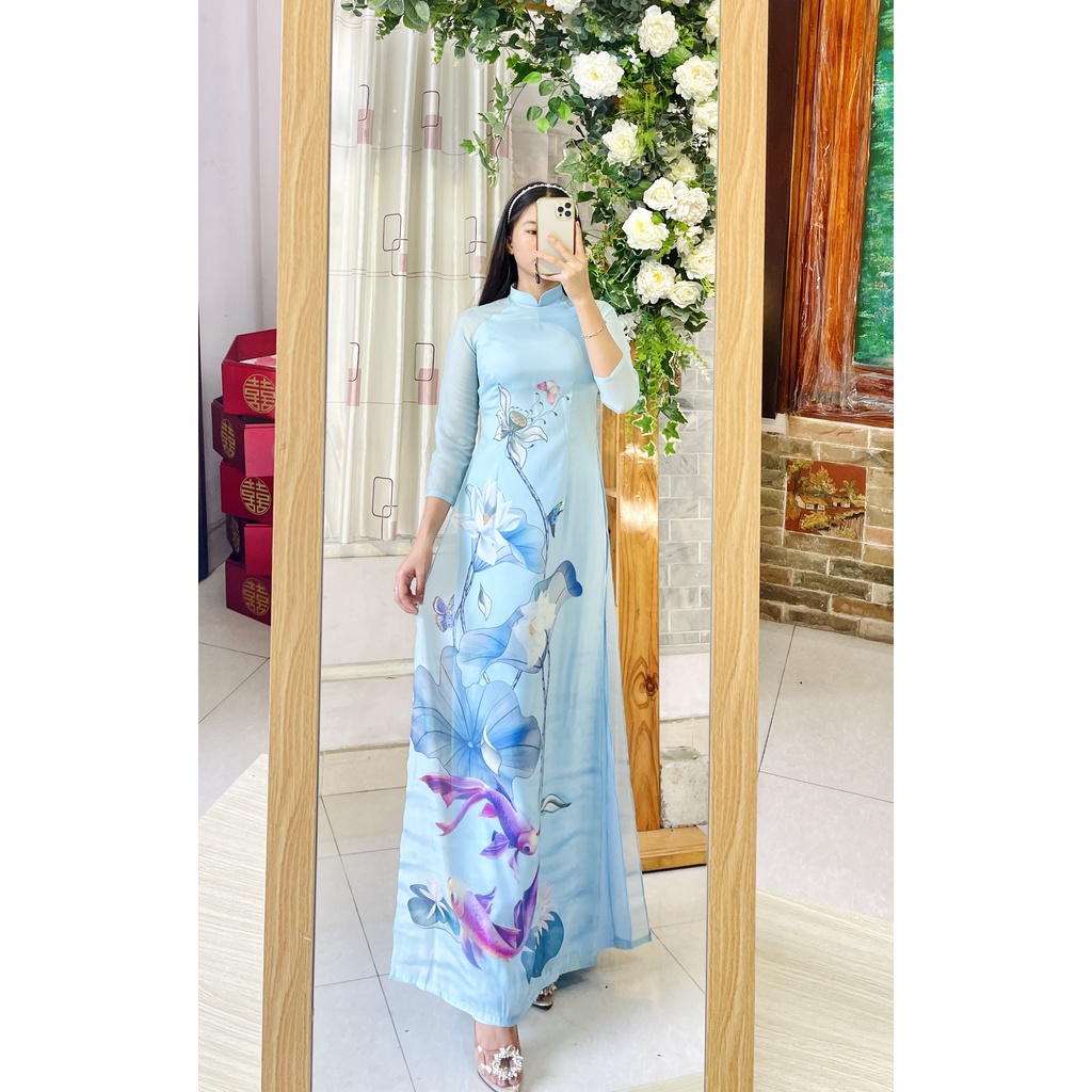 Áo dài Tết tơ 4 tà HOA SEN dài dáng truyền thống - Áo dài HOA CÚC TẾT