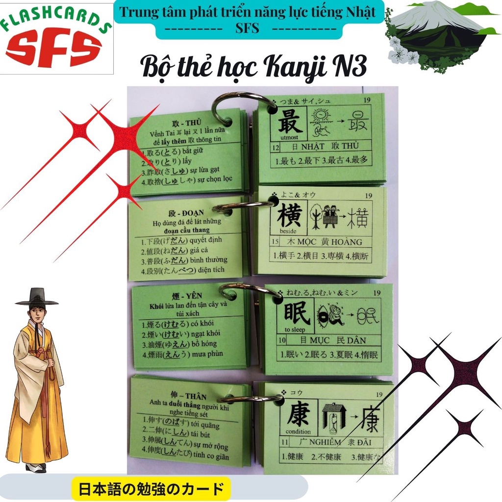 Bộ thẻ học Kanji N3_ Gồm 4 thẻ với 400 chữ Kanji được soạn theo trình thi năng lực tiếng Nhật