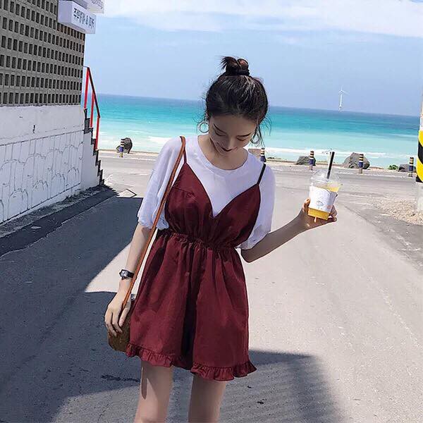 🌺SIÊU XINH🌺 Set quần sooc yếm đỏ + áo thun trắng (Sỉ từ 5sp bất kỳ) | BigBuy360 - bigbuy360.vn
