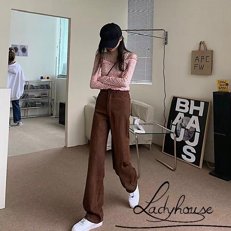 Quần dài nữ ống rộng lưng cao màu sắc vintage thời trang