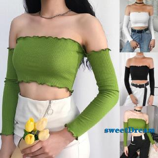 Áo Croptop Tay Dài Thiết Kế Trễ Vai Nữ Tính