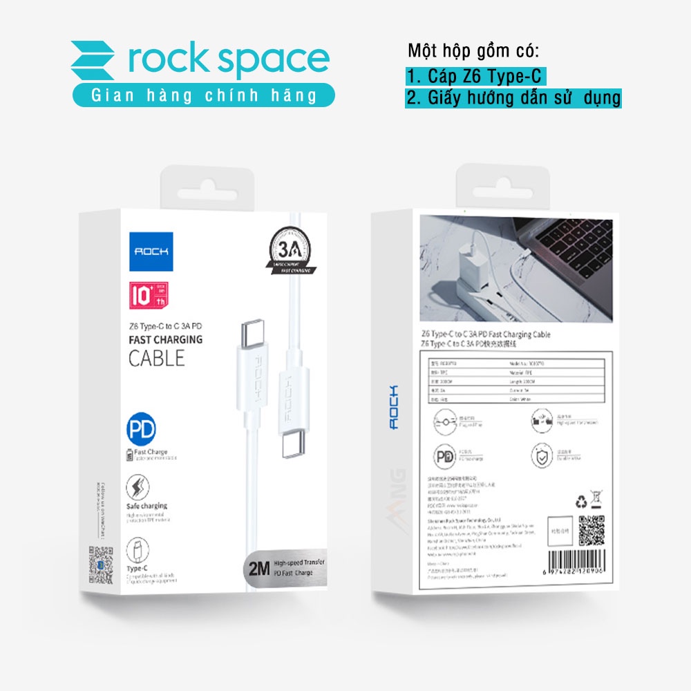 Dây cáp sạc nhanh Rockspace Z6 TypeC to TypeC, sạc nhanh chuẩn PD 3A, QC 3.0 - Hàng chính hãng bảo hành 12 tháng