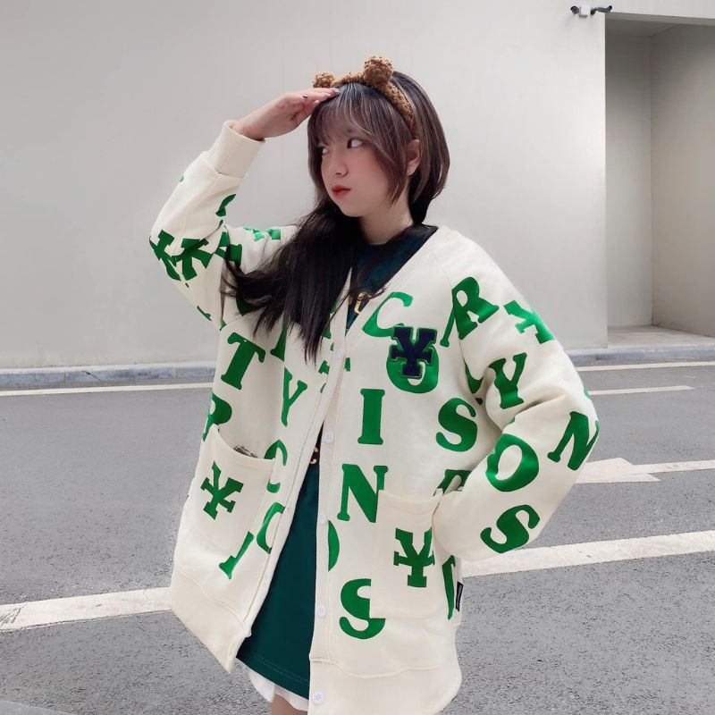 (video thật)Áo khoác Dirty cardigan unisex,Áo cardigan nữ chất nỉ cao cấp form rộng in chữ cái phối màu phong cách hàn