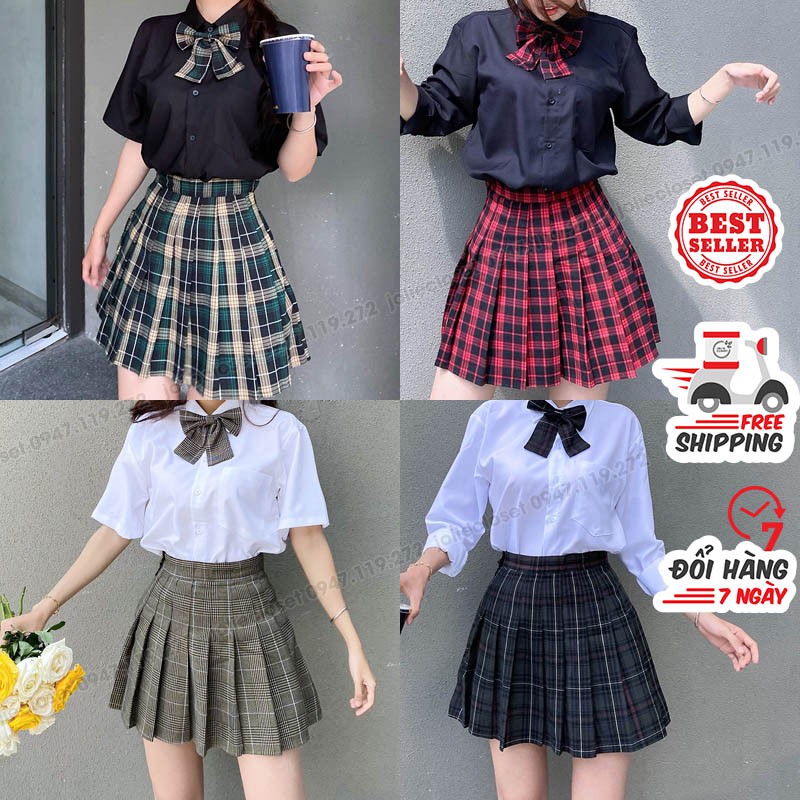[Có sẵn] Set bộ đồng phục váy kẻ xếp ly thủy thủ JK và áo sơ mi kèm nơ phong cách Nhật Bản