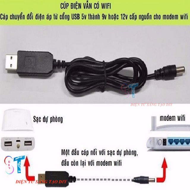 Cáp Chuyển Đổi Điện Áp Từ Cổng USB 5V Sang 9V/12V Cho Modem/Router WiFi