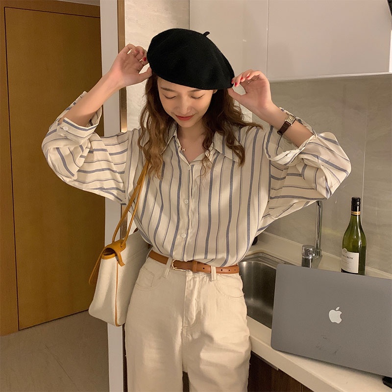 Áo sơ mi nữ Thiết kế Dài tay Kẻ sọc Form rộng Ulzzang Hàn Quốc Sơ mi nữ Tay dài Thời trang