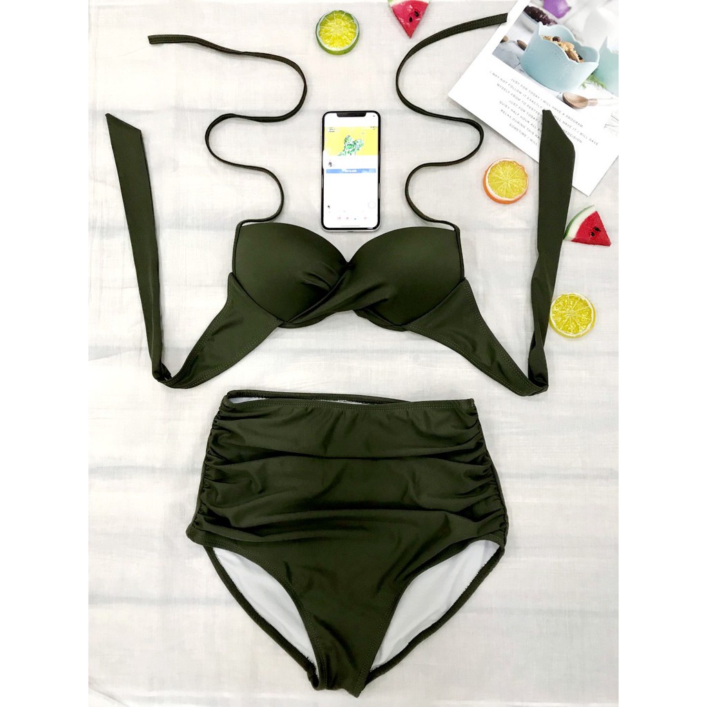 Bikini - Bộ bơi áo gọng ko nơ, quần cạp cao (đa dạng màu) - Che thiếu sót và tôn dáng cực thấp