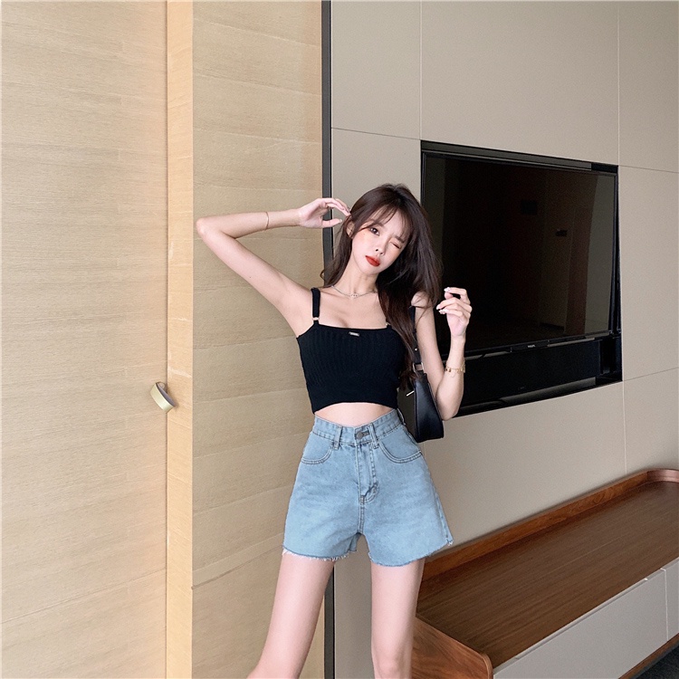 Quần Short Denim Lưng Cao Ống Rộng Theo Phong Cách Retro Hàn Quốc