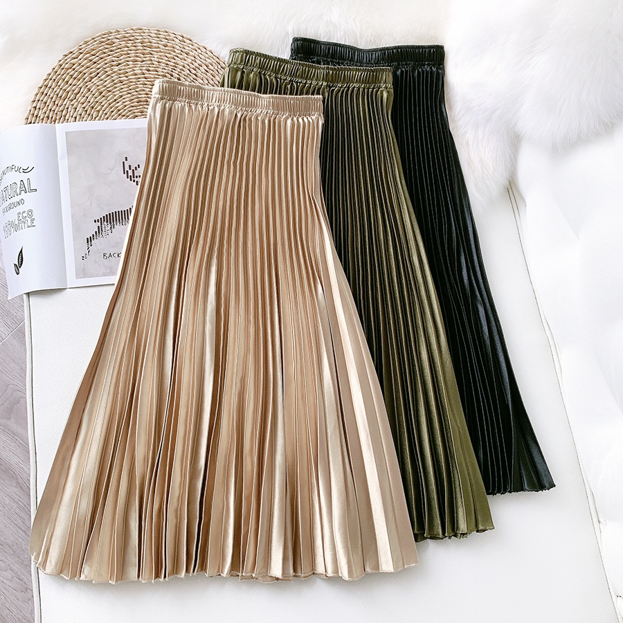 Chân váy chữ A dài xếp ly lưng cao bằng satin ánh kim phong cách cổ điển thời trang cho nữ