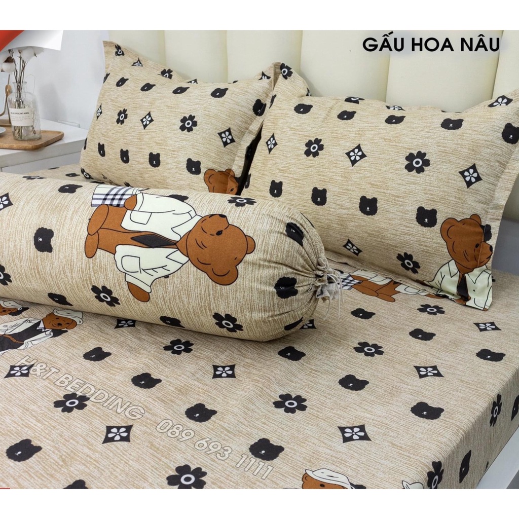 Bộ chăn ga gối gấu hoa nâu cotton poly, set chăn ga gối gấu hoa nâu cotton poly miễn phí bo chun ga giường