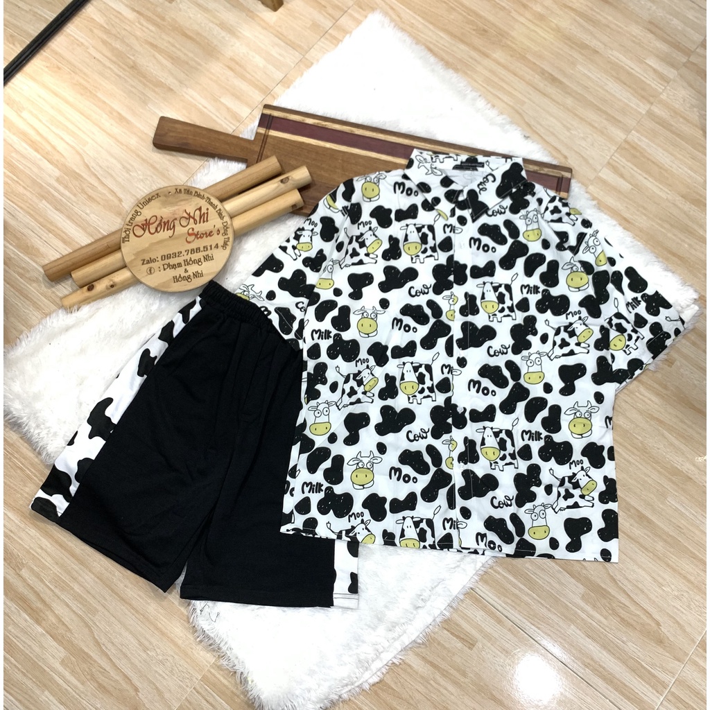 Set Bộ Áo Sơ Mi Họa Tiết Phối Quần Cartoon Đùi Dáng Rộng Ulzzang Unisex - MM