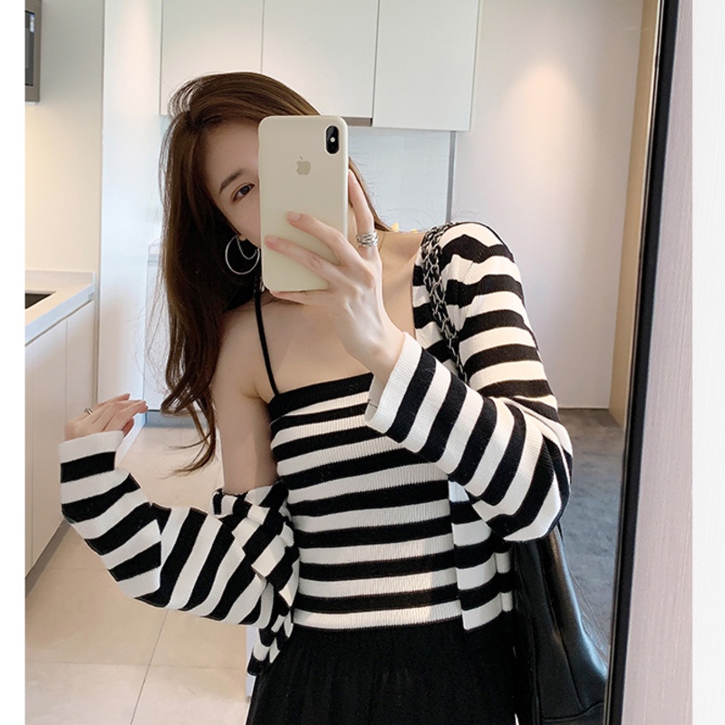 Set Áo Cardigan Tay Dài Kẻ Sọc + Áo Hai Dây Ngắn Phong Cách Hàn Quốc Thời Trang Mùa Thu Mới Cho Nữ