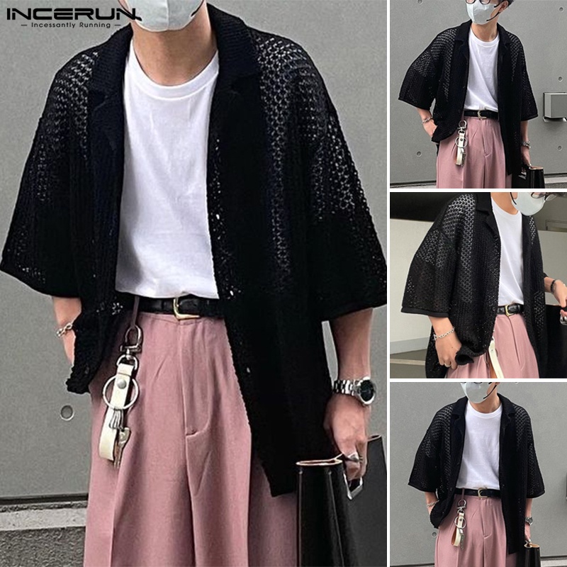 Áo sơ mi Incerun tay ngắn dáng rộng xuyên thấu cài nút kiểu Nhật Bản cá tính cho nam